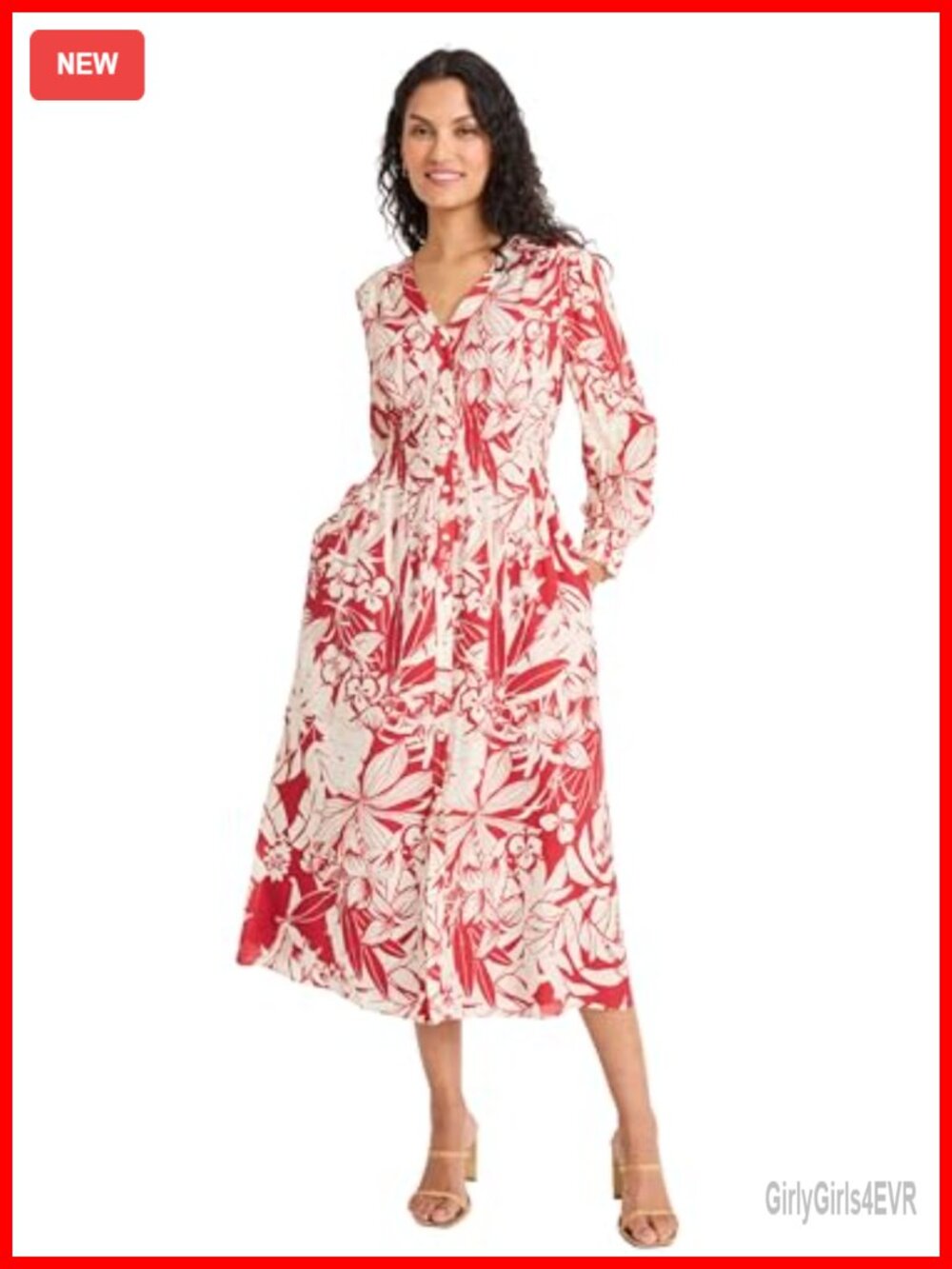 Tropical Floral Midi Dress V-Neck Long Sleeve with Pockets